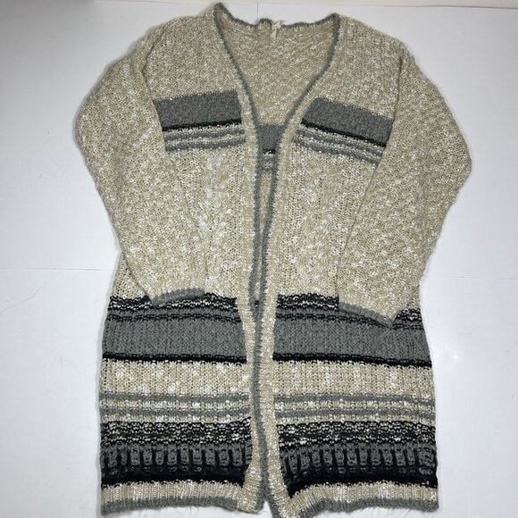 Pol Women Multicolor Cable Open Knit Open Front Long Cardigan Sweater Sz L - Picture 3 of 6